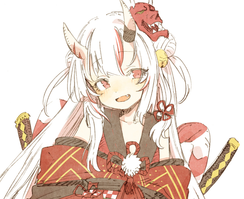 1girl :d abara_heiki bangs bell blush double_bun fang hair_bell hair_bun hair_ornament hololive horns japanese_clothes kimono long_hair mask mask_on_head multicolored_hair nakiri_ayame off_shoulder oni_horns oni_mask red_eyes red_kimono redhead sideways_glance simple_background smile solo streaked_hair two_side_up upper_body virtual_youtuber white_background white_hair
