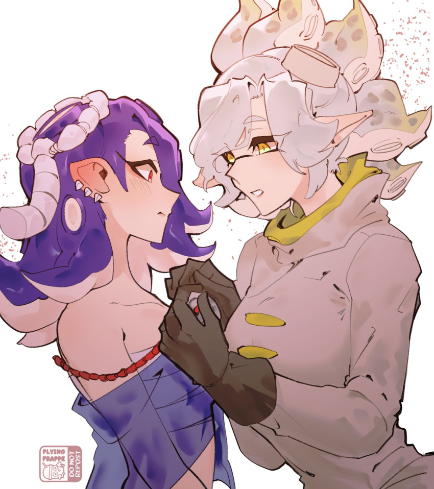 2girls black_gloves blue_hair blush chest_sarashi earrings flying-frappuccino gloves hachimaki hair_over_one_eye headband highres jacket jewelry marie_(splatoon) mole mole_under_eye multiple_earrings multiple_girls nejiri_hachimaki octarian pointy_ears red_eyes sarashi shiver_(splatoon) splatoon_(series) splatoon_3 suction_cups tentacle_hair white_hair white_jacket