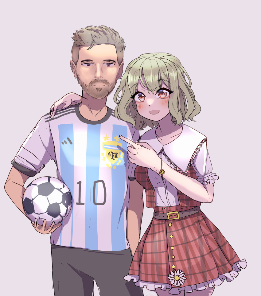 1boy 1girl 2022_fifa_world_cup absurdres argentina argentinian_flag_print ball beard black_shorts blue_shirt blush brown_hair collared_shirt commentary facial_hair flower frilled_shirt_collar frills green_hair happy highres holding holding_ball kalejdodatabase kazami_yuuka lionel_messi plaid plaid_skirt plaid_vest real_life red_eyes red_skirt red_vest shirt short_hair short_sleeves shorts simple_background sketch skirt soccer soccer_ball soccer_uniform sportswear striped striped_shirt touhou vertical-striped_shirt vertical_stripes vest white_background white_shirt world_cup