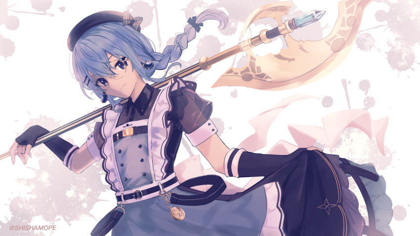 1girl apron beret bespectacled blue_eyes blue_hair braid dress earrings fingerless_gloves glasses gloves hair_between_eyes hair_ornament hairclip halberd hat highres hololive hoshimachi_suisei jewelry long_hair looking_at_viewer maid maid_apron official_alternate_costume pocket_watch polearm shishamope smile solo watch weapon yellow-framed_eyewear