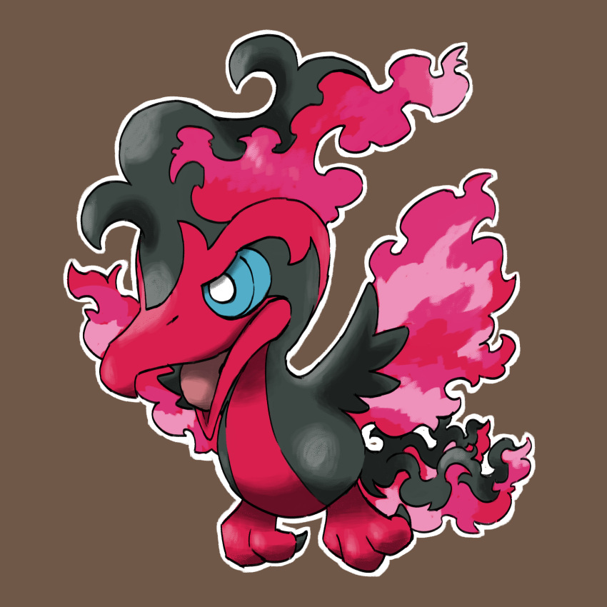 animal_focus bird black_hair blacknirrow blue_eyes blue_sclera bright_pupils brown_background chibi claws colored_sclera commentary english_commentary fiery_hair fiery_wings full_body galarian_moltres highres looking_to_the_side multicolored_hair no_humans open_mouth outline pokemon pokemon_(creature) redhead solo tongue two-tone_hair white_outline white_pupils wings