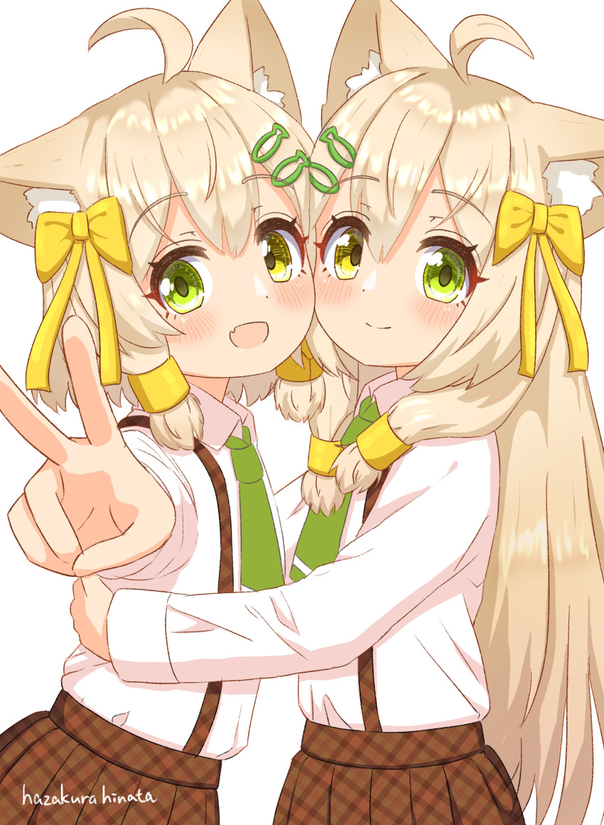 2girls absurdres ahoge animal_ear_fluff animal_ears arm_up bangs blonde_hair blush bow brown_skirt cat_ears cat_girl cheek-to-cheek closed_mouth collared_shirt commentary_request fang fish_hair_ornament flat_chest from_side green_eyes green_necktie hair_bow hair_ornament hairclip happy hazakura_hinata heads_together heterochromia highres hug long_hair long_sleeves looking_at_viewer multiple_girls necktie open_mouth original outstretched_arm plaid plaid_skirt pleated_skirt school_uniform shiny shiny_hair shirt shirt_tucked_in short_hair siblings sidelocks simple_background sisters skin_fang skirt smile split_mouth standing suspender_skirt suspenders twins upper_body v white_background white_shirt yellow_bow yellow_eyes