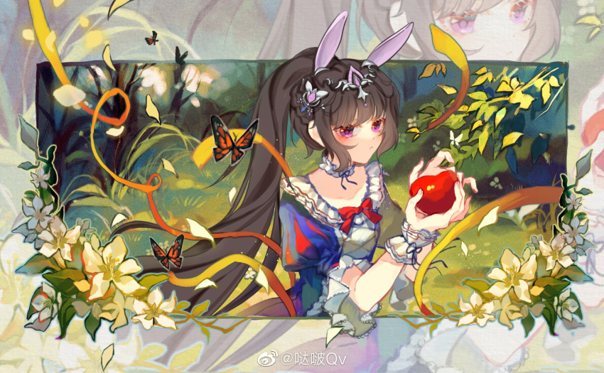 1girl blue_dress border branch brown_hair closed_mouth collar costume da_bo_qv detached_collar douluo_dalu dress flower food frilled_collar frilled_wristband frills fruit grass hair_ornament highres holding holding_food holding_fruit ponytail tree violet_eyes xiao_wu_(douluo_dalu)