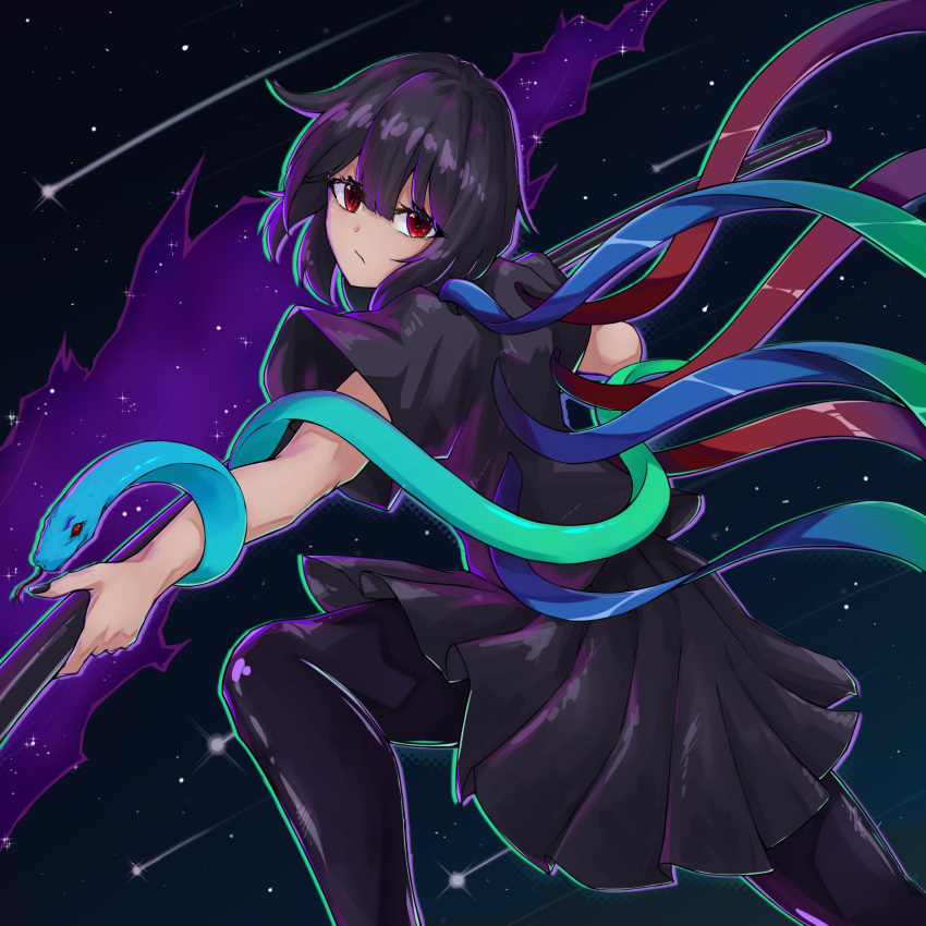 1girl :/ asymmetrical_wings bangs black_dress black_hair blue_wings closed_mouth comet dress highres holding holding_polearm holding_weapon houjuu_nue looking_at_viewer polearm red_eyes red_wings short_hair snake_armband solo star_(sky) tierra_misu touhou weapon wings