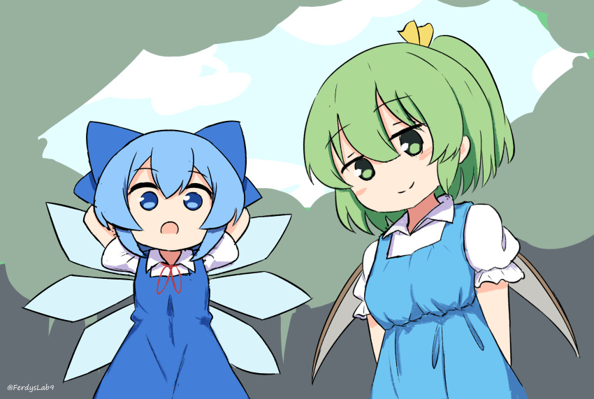2girls :o arms_behind_head blue_bow blue_dress blue_hair bow cirno closed_mouth daiyousei detached_sleeves dress english_commentary fairy_wings ferdy's_lab forest green_hair hair_between_eyes hair_bow highres ice ice_wings multiple_girls nature open_mouth outdoors pinafore_dress shirt short_hair short_sleeves side_ponytail smile touhou twitter_username upper_body white_shirt wings