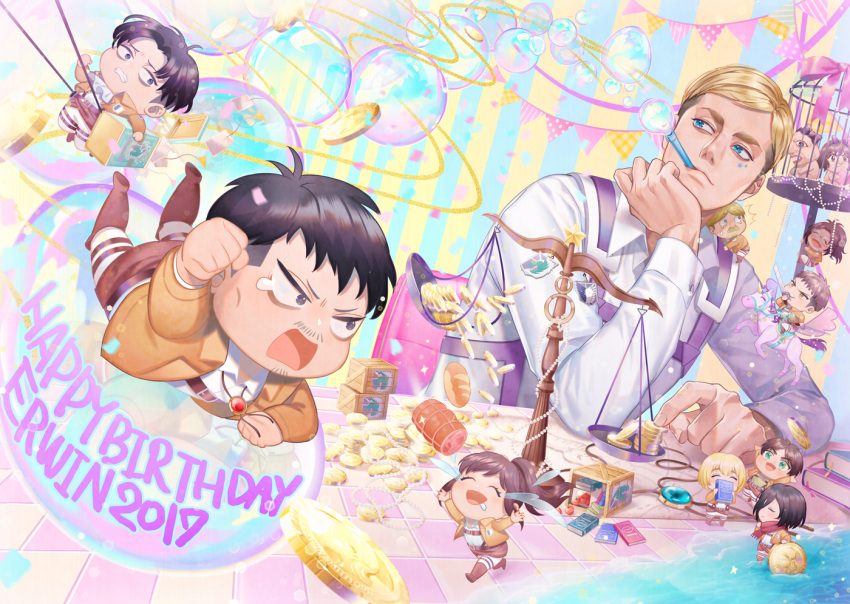 6+boys armin_arlert baguette balance_scale birdcage black_hair blonde_hair book bow bread brown_hair brown_jacket cage character_request chibi coin collared_shirt crying eren_yeager erwin_smith food gold_coin hange_zoe happy_birthday holding holding_book in_cage jacket jean_kirchstein levi_(shingeki_no_kyojin) long_sleeves looking_at_another mikasa_ackerman mike_zakarius mouth_hold multiple_boys nile_dok open_clothes open_jacket open_mouth out_of_character pants pink_bow red_scarf sasha_braus scared scarf shingeki_no_kyojin shirt short_hair smile soap_bubbles tearing_up three-dimensional_maneuver_gear titan_(shingeki_no_kyojin) user_pgry5837 weighing_scale white_pants white_shirt