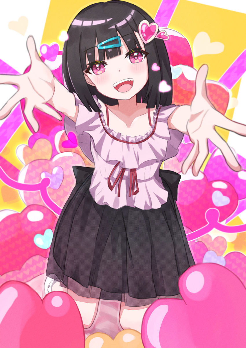 1girl absurdres aramedraw balloon bangs black_hair black_skirt commentary fang frilled_shirt frilled_socks frills hair_ornament hairclip heart heart-shaped_pupils heart_balloon heart_hair_ornament highres kneeling looking_at_viewer multicolored_background off-shoulder_shirt off_shoulder open_mouth original pink_eyes pink_shirt reaching_towards_viewer red_ribbon ribbon shirt short_hair short_sleeves skirt socks solo strap symbol-shaped_pupils teeth tongue upper_teeth_only white_background white_socks yellow_background