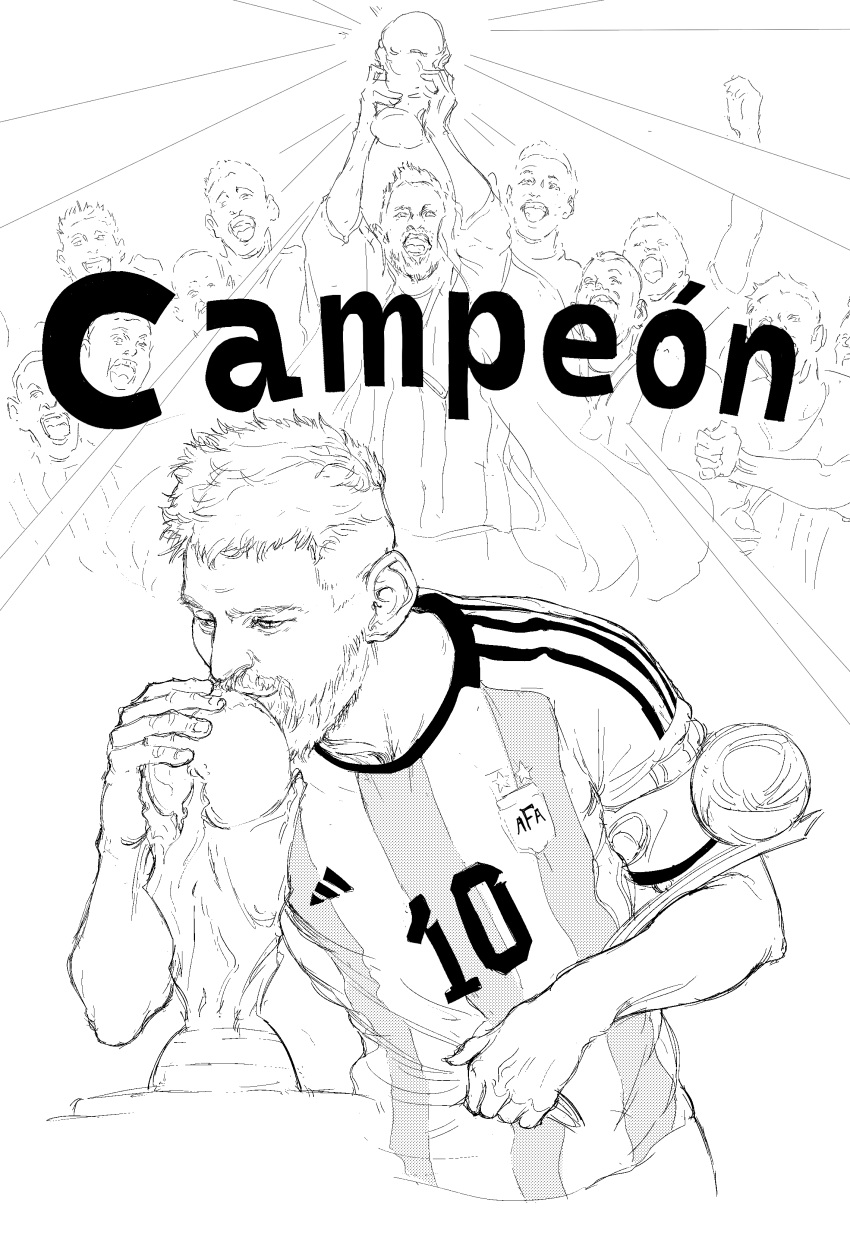 2022_fifa_world_cup 6+boys absurdres argentina argentinian_flag_print beard facial_hair fifa_world_cup_trophy highres holding_trophy kiss kyokucho lionel_messi monochrome multiple_boys photo-referenced real_life shirt soccer_uniform sportswear striped striped_shirt trophy upper_body vertical_stripes world_cup