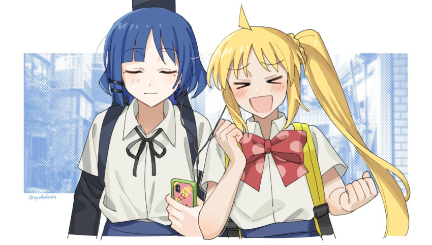 &gt;_&lt; 2girls :d ahoge backpack bag bangs black_ribbon blonde_hair blue_hair bocchi_the_rock! cellphone closed_eyes collared_shirt earphones holding holding_phone ijichi_nijika instrument_case long_hair melodyguru mole mole_under_eye multiple_girls neck_ribbon phone ribbon school_uniform shared_earphones shirt shirt_tucked_in short_hair short_sleeves side_ponytail sidelocks smartphone smile white_shirt xd yamada_ryou yellow_bag