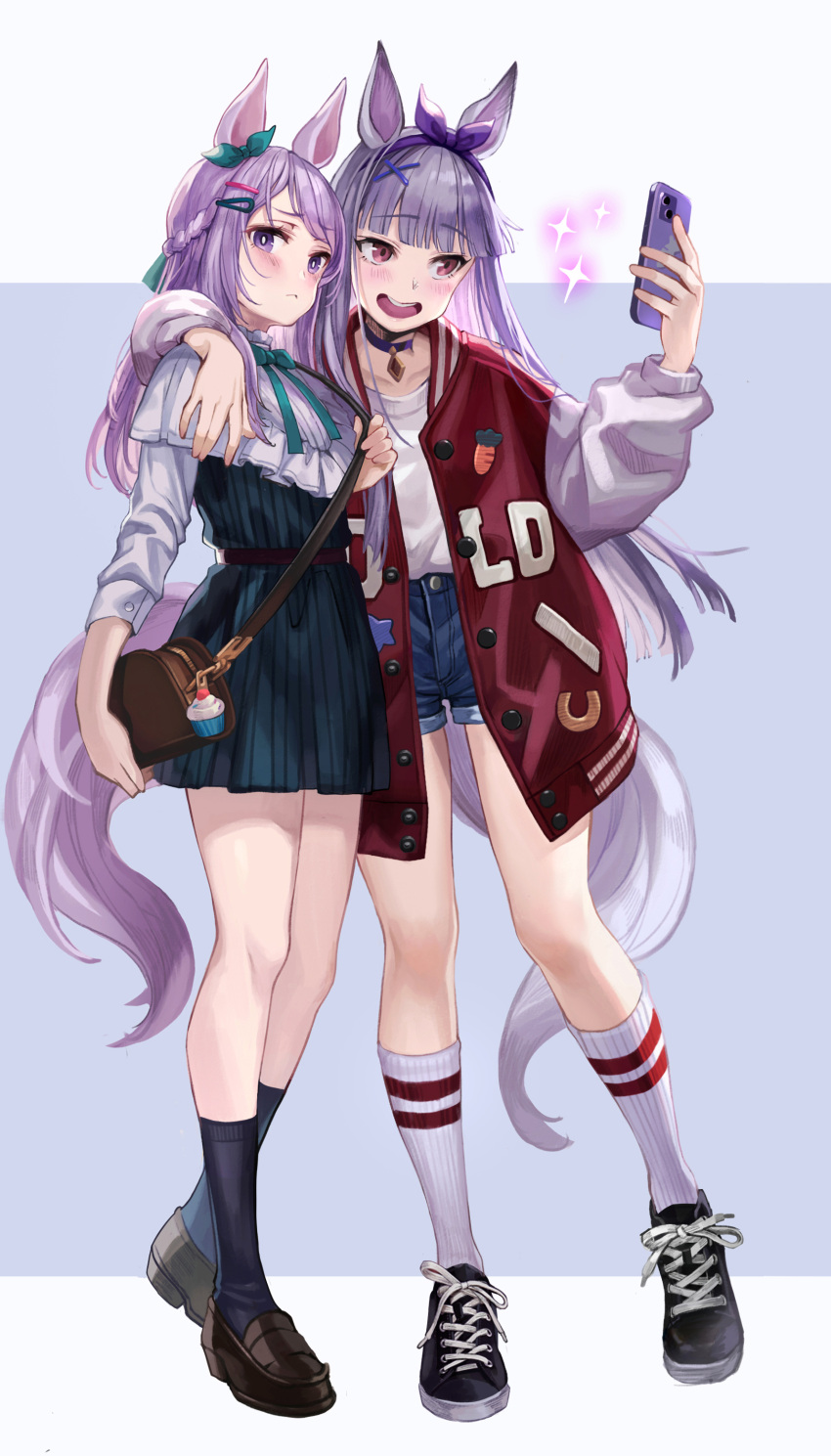 2girls absurdres animal_ears bow casual english_commentary full_body gold_ship_(umamusume) hair_bow hairband highres horse_ears horse_girl horse_tail jacket long_hair m2_(guvn5745) mejiro_mcqueen_(umamusume) multiple_girls shirt shoes shorts skirt socks tail umamusume white_shirt