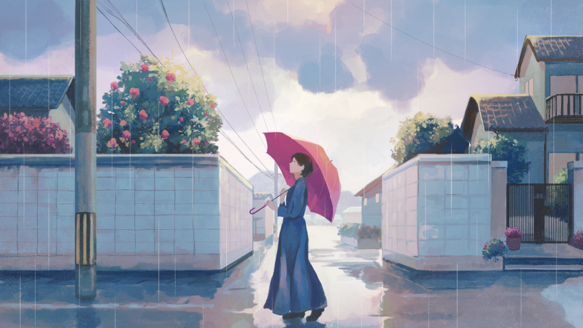 1girl blue_dress closed_eyes closed_mouth clouds cloudy_sky dress flower harucoro25 highres holding holding_umbrella house long_sleeves original outdoors plant potted_plant rain red_flower road short_hair sky standing street tree umbrella utility_pole