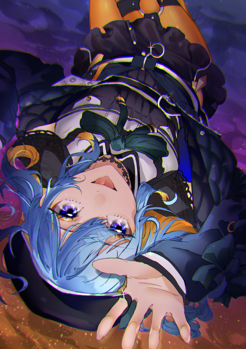 1girl :p absurdres beret blue_eyes blue_hair from_above hat highres hololive hoshimachi_suisei jacket jewelry looking_at_viewer lying on_back open_mouth orange_pantyhose pantyhose rayla_(rayla_illust) ring tongue tongue_out upside-down virtual_youtuber