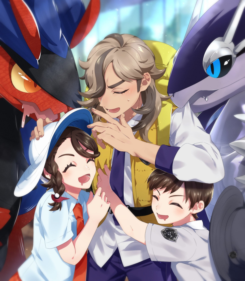 1girl arven_(pokemon) backpack bag bangs black_sclera braid brown_hair closed_eyes collared_shirt colored_sclera drooling florian_(pokemon) hair_over_one_eye hat highres hug juliana_(pokemon) koine_(draw) koraidon long_hair miraidon mouth_drool multicolored_hair multiple_boys naranja_academy_uniform necktie open_clothes open_mouth open_vest orange_eyes orange_necktie pants pokemon pokemon_(creature) pokemon_(game) pokemon_sv purple_necktie school_uniform shirt short_hair short_sleeves uva_academy_uniform vest white_shirt yellow_bag yellow_sclera yellow_vest