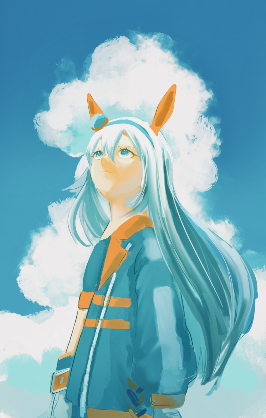 1girl absurdres animal_ears bangs blue_hairband blue_jacket blue_sky clouds crop_top day hair_between_eyes hairband highres horse_ears jacket long_hair long_sleeves looking_away looking_up midriff open_clothes open_jacket outdoors pants puffy_long_sleeves puffy_sleeves sky solo sy_a3 tamamo_cross_(umamusume) umamusume very_long_hair white_hair white_pants