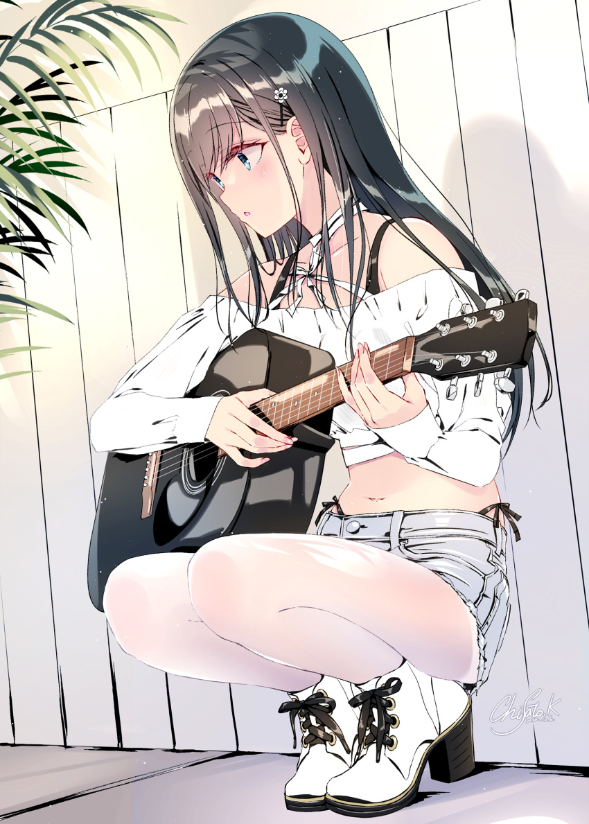 1girl acoustic_guitar black_hair blue_eyes boots commentary_request cutoffs denim denim_shorts guitar hair_ornament hairclip high_heel_boots high_heels highres instrument kobayashi_chisato long_hair long_sleeves midriff navel open_mouth original panties pantyhose pantyhose_under_shorts shirt short_shorts shorts side-tie_panties solo squatting thighs underwear white_footwear white_pantyhose white_shirt white_sleeves