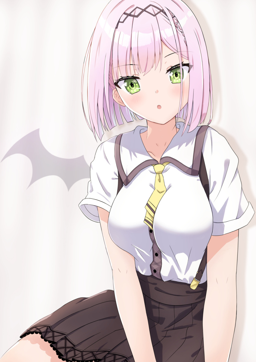 1girl :o bangs black_skirt blush braid breasts collarbone collared_shirt commentary_request curtains green_eyes highres looking_at_viewer medium_breasts parted_lips pink_hair pleated_skirt shirt short_hair short_sleeves skirt solo suspender_skirt suspenders synn032 tanikaze_amane tenshi_souzou white_shirt