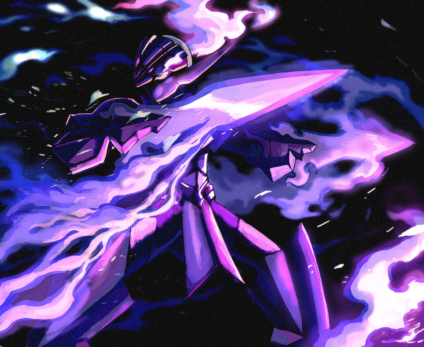 blade ceruledge commentary_request eye_trail fire flaming_eyes highres legs_apart light_trail looking_to_the_side pokemon pokemon_(creature) purple_fire solo to_(si_x_x_0_ss0) violet_eyes