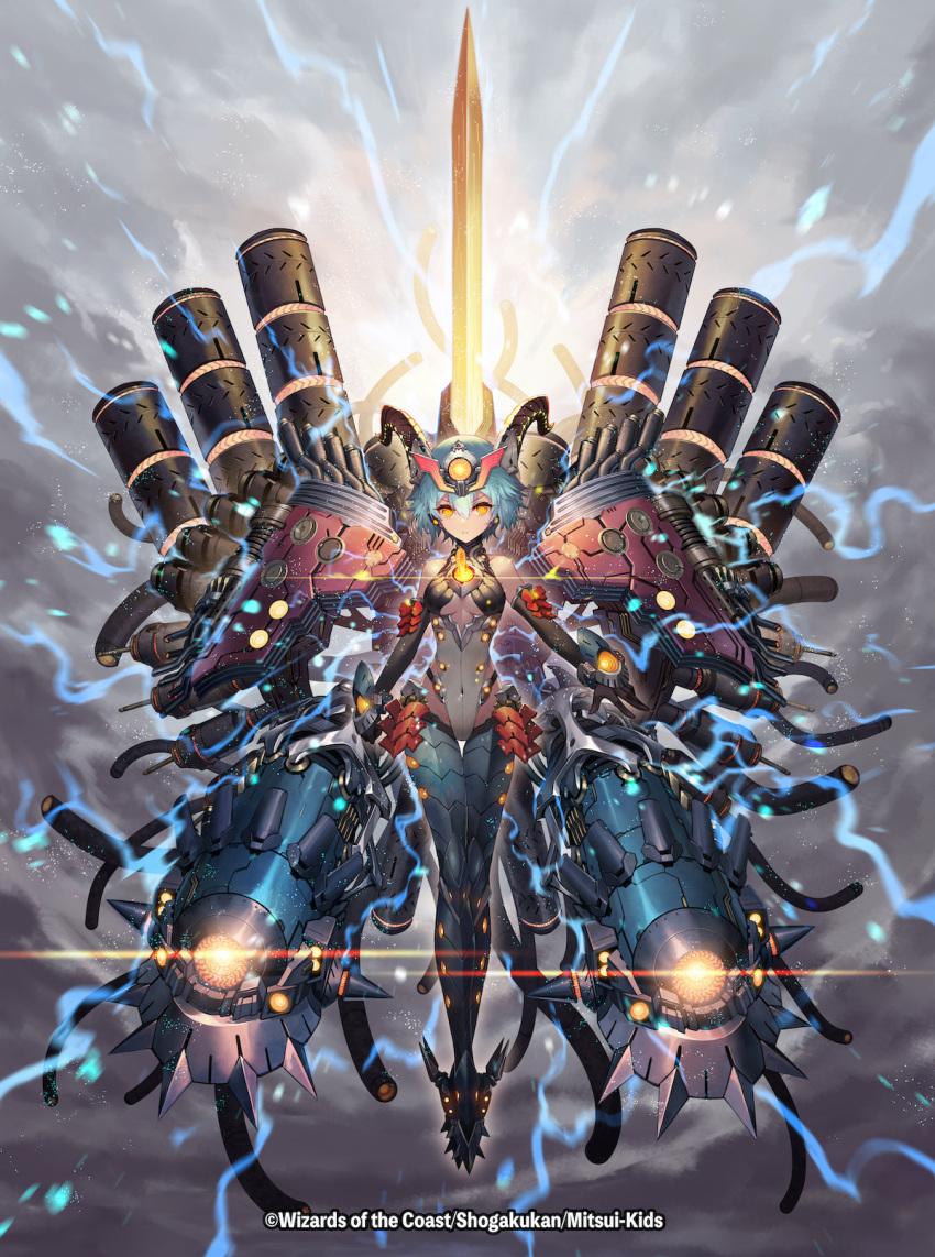 1girl blue_hair cable commentary_request covered_navel duel_masters elbow_gloves electricity floating full_body gloves headgear highres horns leotard looking_at_viewer mecha_musume nakamura_eight official_art orange_eyes short_hair solo