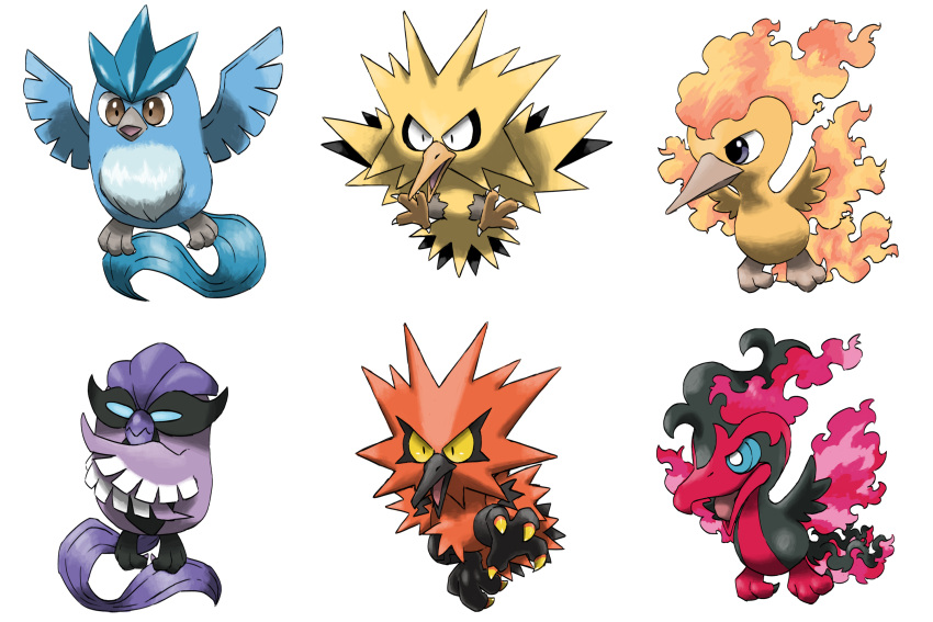 animal_focus articuno bird black_eyes black_hair blacknirrow blank_eyes blue_eyes blue_sclera bright_pupils brown_eyes chibi claws closed_mouth colored_sclera commentary constricted_pupils crossed_arms english_commentary fiery_hair fiery_wings full_body galarian_articuno galarian_moltres galarian_zapdos grey_eyes highres leg_up looking_to_the_side moltres multicolored_hair no_humans open_mouth pokemon pokemon_(creature) purple_hair redhead short_hair tongue two-tone_hair white_background white_pupils wings yellow_sclera zapdos