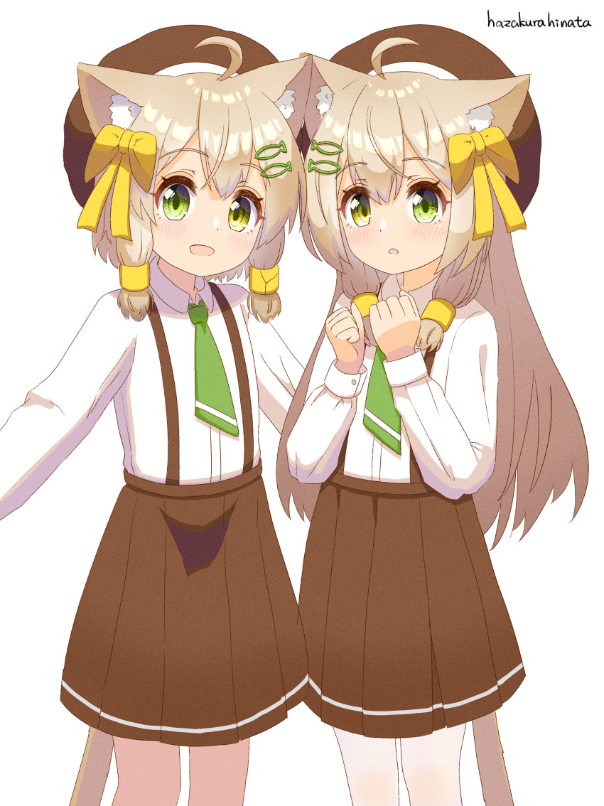 2girls absurdres ahoge animal_ear_fluff animal_ears artist_name bangs beret blush bow brown_hair brown_headwear brown_skirt cat_ears cat_girl cat_tail clenched_hands collared_shirt commentary_request fish_hair_ornament flat_chest green_eyes green_necktie hair_bow hair_ornament hairclip hands_up happy hat hazakura_hinata heterochromia highres long_hair long_sleeves looking_at_viewer miniskirt multiple_girls necktie open_mouth original pantyhose pleated_skirt school_uniform shiny shiny_hair shirt shirt_tucked_in siblings sidelocks signature simple_background sisters skirt smile standing suspender_skirt suspenders tail twins white_background white_pantyhose white_shirt yellow_bow yellow_eyes