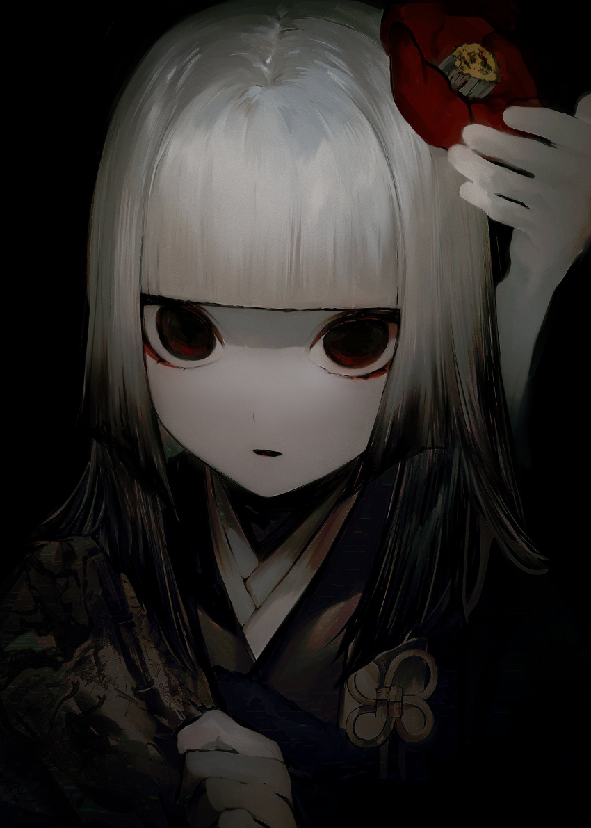 1girl 1other absurdres albino_(a1b1n0623) bangs black_background black_eyes black_hair black_kimono blunt_bangs blunt_ends camellia clothes_grab creepy_eyes disembodied_limb eyeshadow fate/grand_order fate_(series) flower flower_knot ghost_hands gradient_hair hand_on_another's_head highres japanese_clothes kimono komahime_(fate) looking_at_viewer makeup medium_hair multicolored_hair open_mouth pale_skin red_eyeshadow sanpaku sen_no_rikyu_(fate) shadow staring white_hair
