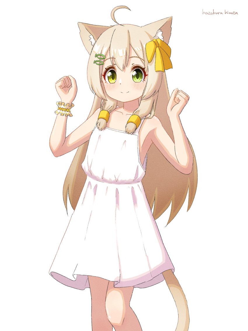 1girl absurdres ahoge animal_ear_fluff animal_ears artist_name bangs bare_shoulders blush bow brown_hair cat_ears cat_girl cat_tail clenched_hands closed_mouth collarbone commentary_request dress fish_hair_ornament flat_chest green_eyes hair_bow hair_ornament hairclip hands_up happy hazakura_hinata heterochromia highres long_hair looking_at_viewer original shiny shiny_hair short_dress sidelocks signature simple_background sleeveless sleeveless_dress smile solo spaghetti_strap split_mouth standing tail white_background white_dress yellow_bow yellow_eyes