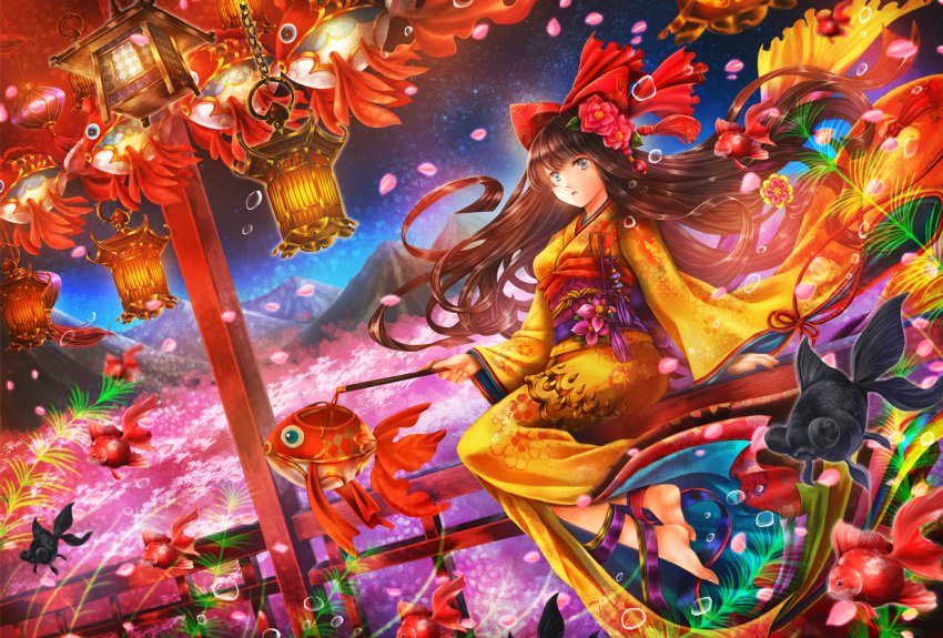 1girl :o ankoro arm_support bare_shoulders blue_eyes brown_hair chain colorful commentary feet fish floating_hair floral_background floral_print flower full_body goldfish hair_flower hair_ornament holding holding_wand japanese_clothes kimono lamp legs_together long_hair long_sleeves mountain night night_sky oil_lamp open_mouth original outdoors parted_lips petals plant rope sitting sky solo wand wide_sleeves yellow_kimono yellow_sleeves