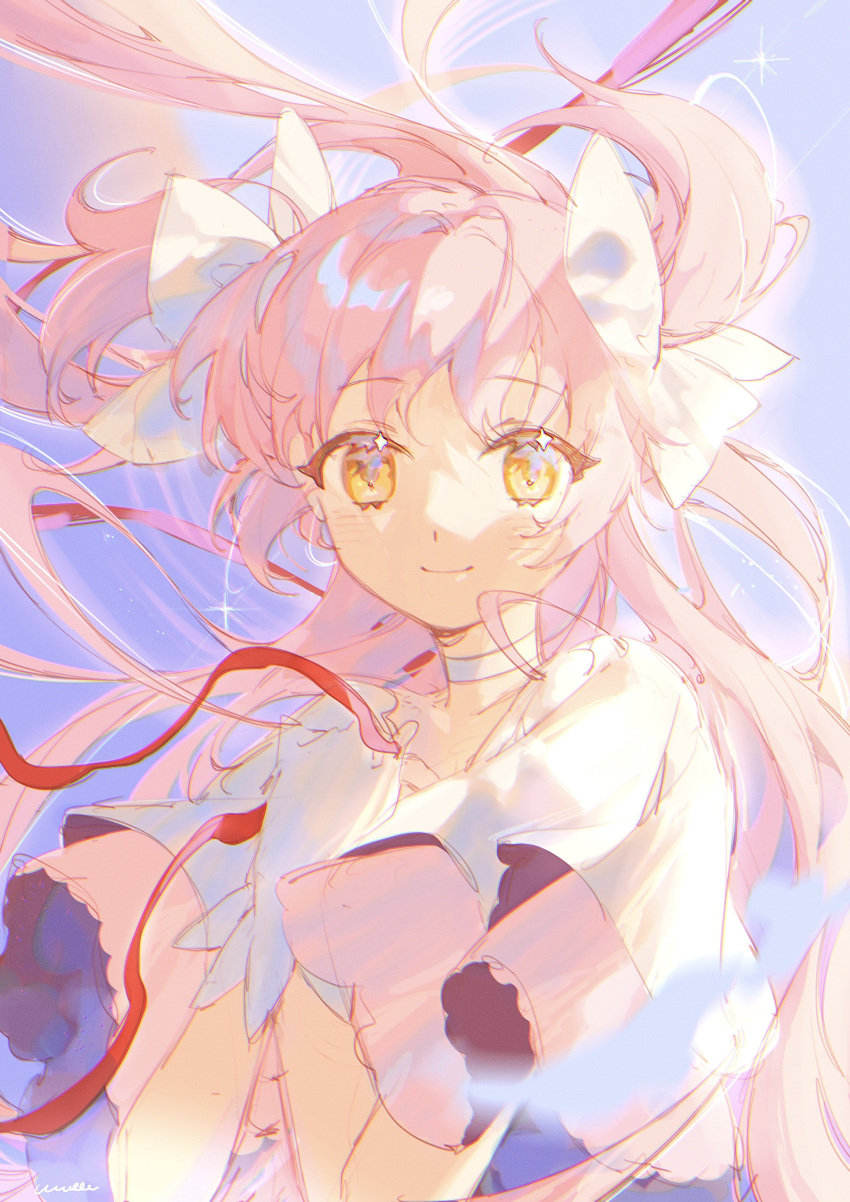 1girl absurdres bangs blue_background choker gloves goddess_madoka highres kaname_madoka long_hair looking_at_viewer magical_girl mahou_shoujo_madoka_magica orange_eyes own_hands_clasped own_hands_together peachuu pink_hair ribbon sketch smile solo twintails upper_body white_choker white_gloves white_ribbon