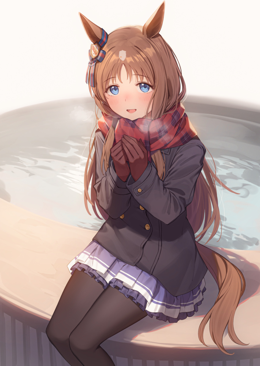 1girl animal_ears black_coat black_pantyhose blue_eyes blush breath brown_gloves brown_hair coat commentary feet_out_of_frame gloves grass_wonder_(umamusume) highres horse_ears horse_girl horse_tail long_hair long_sleeves nyum open_mouth pantyhose red_scarf scarf sitting smile solo tail umamusume