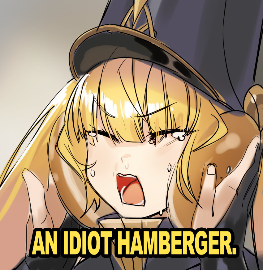 &gt;:( 1girl absurdres bangs black_coat black_gloves black_headwear blonde_hair bread bread_bun closed_eyes coat commentary controlline3 counter:side crying english_text food gloves gold_trim hat hell's_kitchen highres holding holding_food idiot_sandwich_(meme) long_hair luna_(counter:side) meme open_mouth partially_fingerless_gloves sketch snot solo_focus tearing_up tears twintails upper_body v-shaped_eyebrows