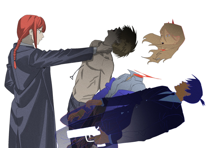 2boys 2girls bangs black_coat black_hair black_jacket black_necktie black_pants blonde_hair blue_jacket braid braided_ponytail chainsaw_man coat collared_shirt decapitation denji_(chainsaw_man) faceless faceless_male falling garam_lee gun hair_between_eyes hayakawa_aki highres holding holding_weapon horns jacket jacket_partially_removed long_hair looking_at_another looking_up makima_(chainsaw_man) multiple_boys multiple_girls necktie open_mouth pants power_(chainsaw_man) red_horns redhead ringed_eyes severed_head shirt shirt_tucked_in short_hair sidelocks simple_background smile strangling suit_jacket topknot weapon white_background white_shirt yellow_eyes
