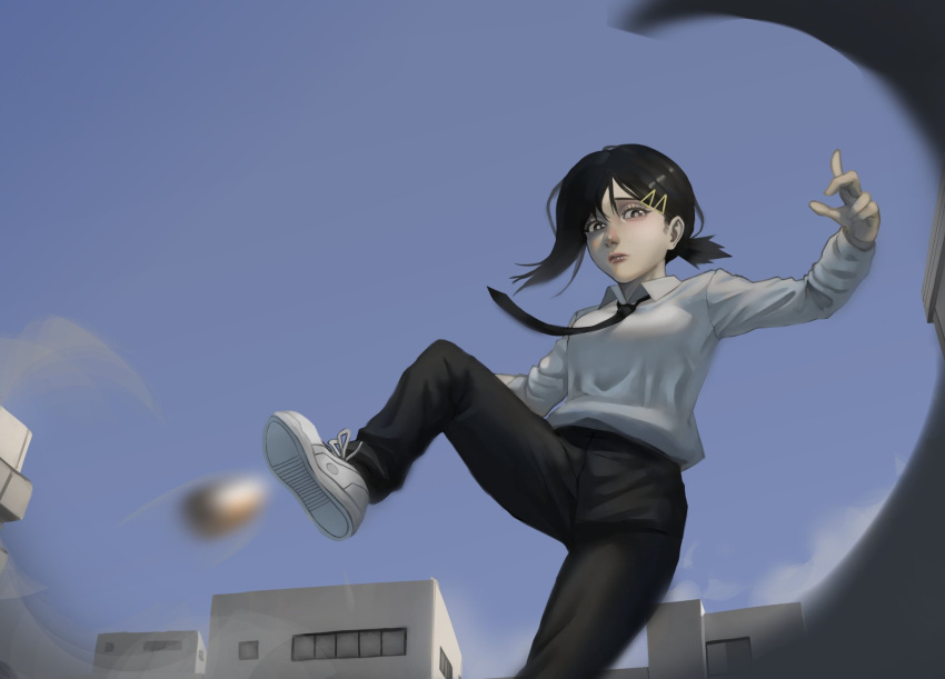 1girl andrei_(shidanasu) black_hair black_necktie black_pants blue_sky building chainsaw_man collared_shirt floating_hair floating_necktie hair_ornament hairclip higashiyama_kobeni highres jumping looking_at_viewer midair necktie pants shirt short_hair short_ponytail single_sidelock sky snake_devil_(chainsaw_man) solo white_shirt