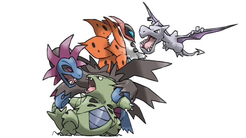 aerodactyl animal_focus black_eyes black_sclera blacknirrow blue_eyes claws colored_sclera commentary dinosaur dragon english_commentary eye_contact fangs fighting flying full_body godzilla:_king_of_the_monsters godzilla_(series) green_eyes highres hydreigon looking_at_another monsterverse multiple_heads no_humans open_mouth pokemon pokemon_(creature) sharp_teeth simple_background standing teeth tongue tyranitar violet_eyes volcarona white_background
