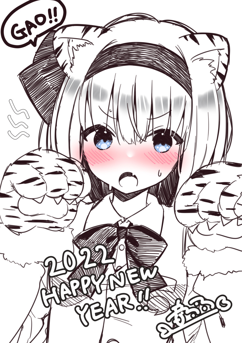 1girl 2022 absurdres animal_ears animal_hands bangs black_bow black_bowtie black_headband black_ribbon blue_eyes blunt_bangs blush bow bowtie fangs fur_sleeves gao grey_hair greyscale hair_between_eyes hair_ribbon headband highres konpaku_youmu long_sleeves looking_at_viewer monochrome new_year open_mouth otowa_(otoha4634) paw_pose ribbon shirt short_hair signature solo speech_bubble sweat tiger tiger_ears tiger_paws touhou v-shaped_eyebrows white_background