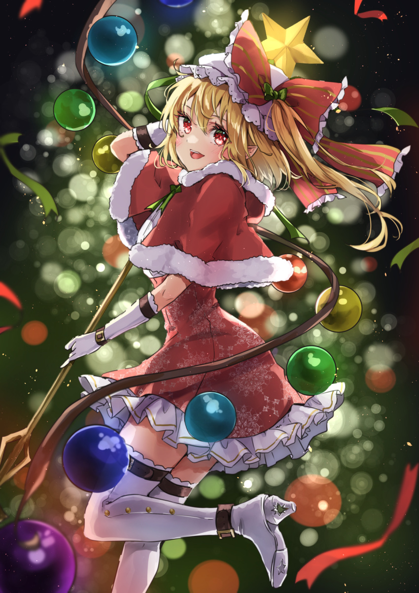 1girl :d adapted_costume blonde_hair blush boots bow capelet christmas christmas_ornaments dress flandre_scarlet foot_out_of_frame frilled_bow frilled_dress frills fur-trimmed_capelet fur_trim gloves green_ribbon hair_between_eyes hat hat_bow high_heel_boots high_heels highres holding holding_polearm holding_weapon long_hair looking_at_viewer mob_cap one_side_up open_mouth pointy_ears polearm red_bow red_capelet red_dress red_eyes red_ribbon ribbon shironeko_yuuki smile snowflake_print solo star_(symbol) teeth thigh_boots tongue touhou upper_teeth_only weapon white_footwear white_gloves white_headwear wings