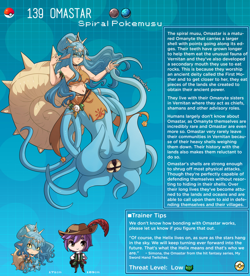 1boy 1girl artist_name black_eyes blue_hair bracelet breasts character_name character_profile hat_belt hat_feather highres jewelry kinkymation long_hair looking_at_viewer midriff monster_girl omastar personification pokemon purple_hair shell squid_girl tentacles violet_eyes yellow_eyes