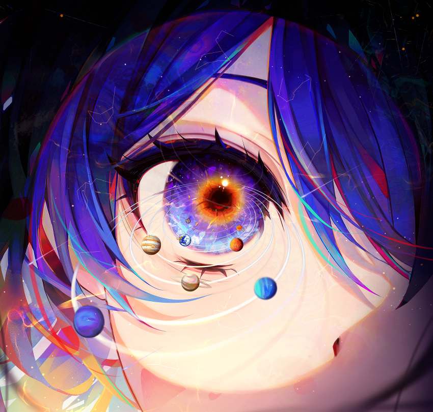 1girl 58_(opal_00_58) absurdres bangs blue_eyes blue_hair close-up earth_(planet) english_commentary eye_focus eye_reflection eyelashes gradient_hair hair_between_eyes highres looking_at_viewer makeup mascara multicolored_hair orange_pupils original planet reflection solar_system solo spotlight