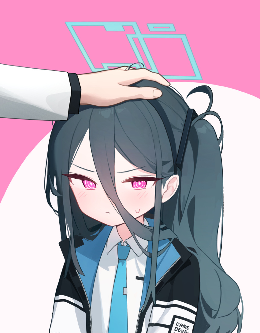 1girl absurdres aris_(blue_archive) black_hair blue_archive blue_necktie blush collared_shirt doribae halo hand_on_another's_head headpat highres jacket long_hair necktie one_side_up pink_eyes pout shirt solo_focus sweatdrop white_shirt