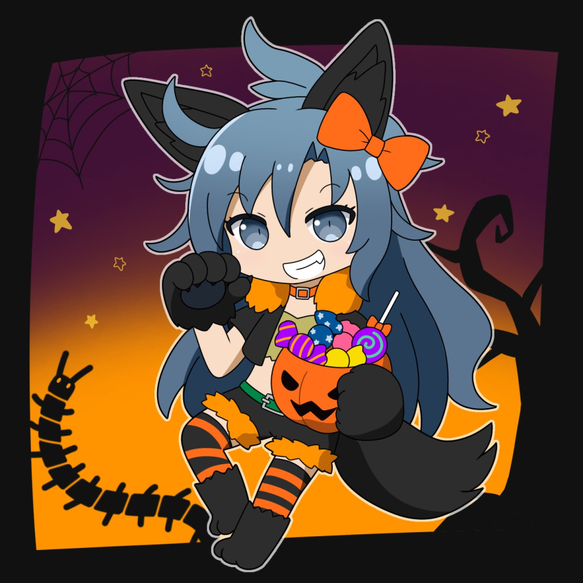 1girl animal_ears animal_hands bangs bare_tree black_border black_shorts black_vest border bow bug candy centipede fang food full_body fur_trim gradient gradient_background grey_eyes grey_hair grin hair_bow halloween halloween_bucket halloween_costume highres himemushi_momoyo jack-o'-lantern lollipop long_hair looking_at_viewer messy_hair orange_bow rizleting shorts silk smile solo spider_web star_(symbol) striped striped_thighhighs tail thigh-highs touhou tree vest