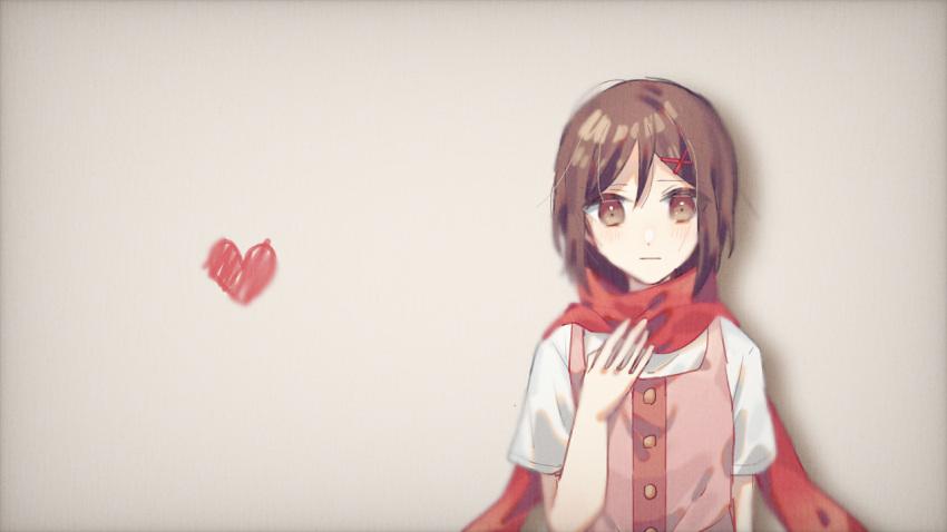 1girl alternate_costume arm_at_side bangs blurry brown_eyes brown_hair buttons casual commentary grey_background hair_between_eyes hair_ornament hairclip hand_on_own_chest heart kagerou_project looking_at_viewer mekakucity_actors muuta04 negative_space pink_vest shadow shirt short_sleeves simple_background solo straight-on tateyama_ayano two-tone_vest upper_body vest white_shirt