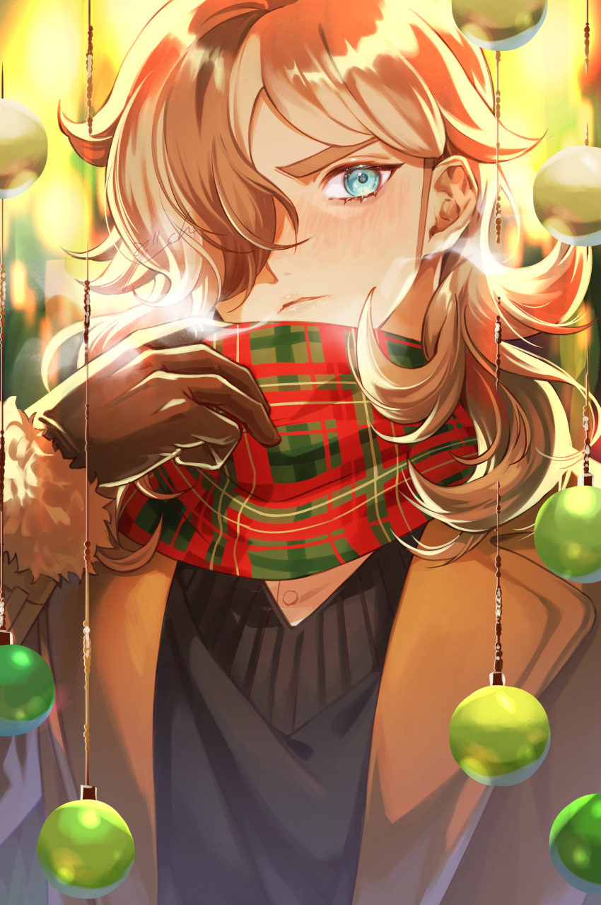 1boy 86ch absurdres arven_(pokemon) bauble blush breath brown_gloves brown_jacket buttons christmas commentary_request gloves green_eyes hand_up highres jacket long_hair long_sleeves male_focus pokemon pokemon_(game) pokemon_sv scarf shirt signature solo sweater upper_body