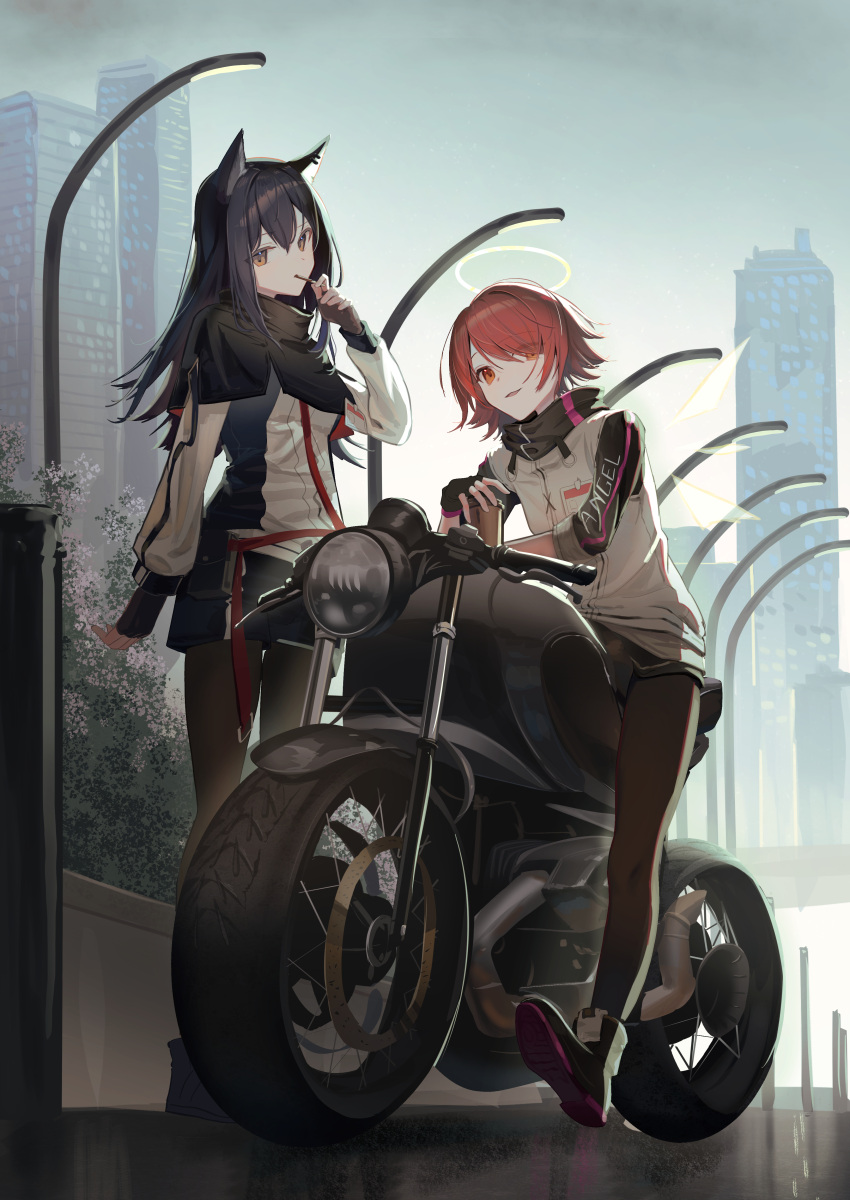 2girls :d absurdres animal_ears arknights bangs black_gloves black_pantyhose breasts brown_eyes earrings exusiai_(arknights) fingerless_gloves flower food food_in_mouth gloves ground_vehicle halo highres jacket jewelry lamppost long_hair looking_at_viewer motor_vehicle motorcycle multiple_girls natsuba002 outdoors pantyhose pocky red_eyes redhead short_hair shorts sitting sleeves_rolled_up smile texas_(arknights) wolf_ears