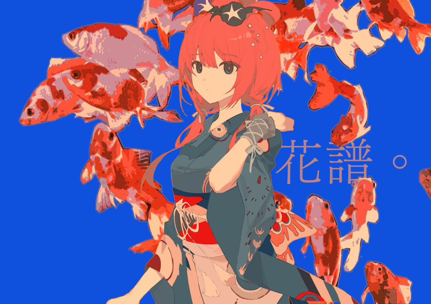 1girl absurdres bangs blue_eyes commentary fish hair_ornament hair_ribbon highres japanese_clothes kaf_(kamitsubaki_studio) kamitsubaki_studio kiduki kimono koi long_hair long_sleeves looking_at_viewer low_twintails obi redhead ribbon sash solo translation_request twintails updo virtual_youtuber wide_sleeves wrist_cuffs