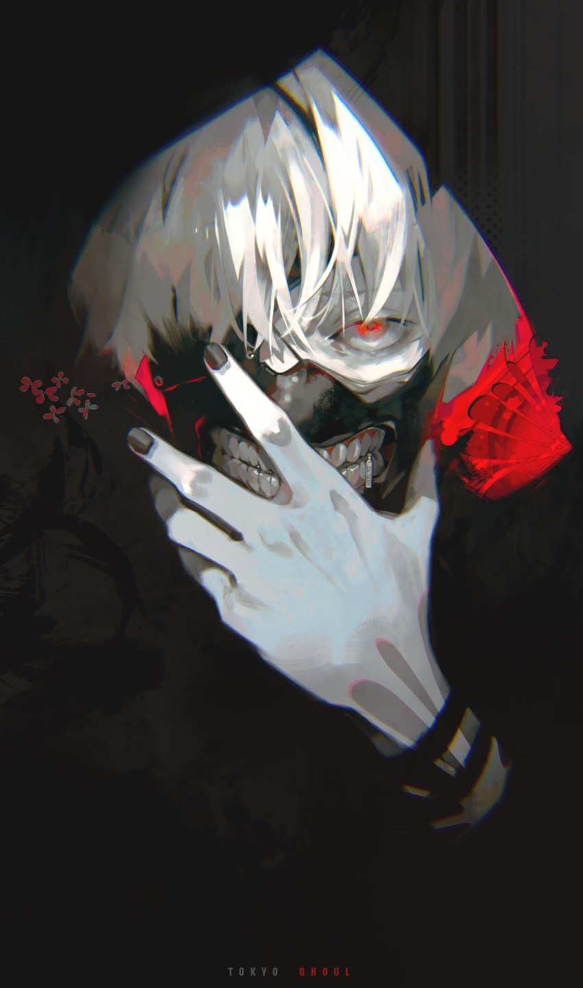 1boy absurdres bangs black_background black_mask black_nails black_theme commentary copyright_name covering_mouth eyepatch hand_over_own_mouth highres kaneki_ken kyuuba_melo looking_at_viewer male_focus mask red_eyes short_hair simple_background solo straight-on tokyo_ghoul upper_body white_hair