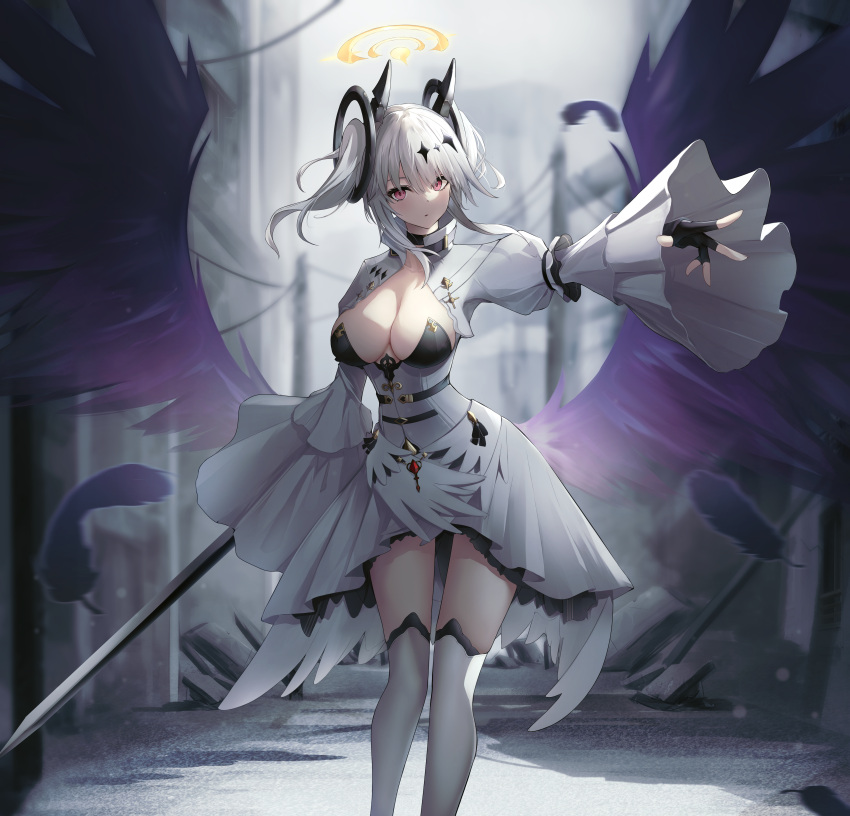 1girl :o absurdres azur_lane black_choker black_feathers black_wings breasts breasts_apart center_opening choker city crown dress feathers fingerless_gloves fleur_de_lis framed_breasts gloves highres joffre_(azur_lane) kurohikage looking_at_viewer outdoors rudder_footwear solo sword thigh-highs weapon white_dress white_garter_straps white_thighhighs wings