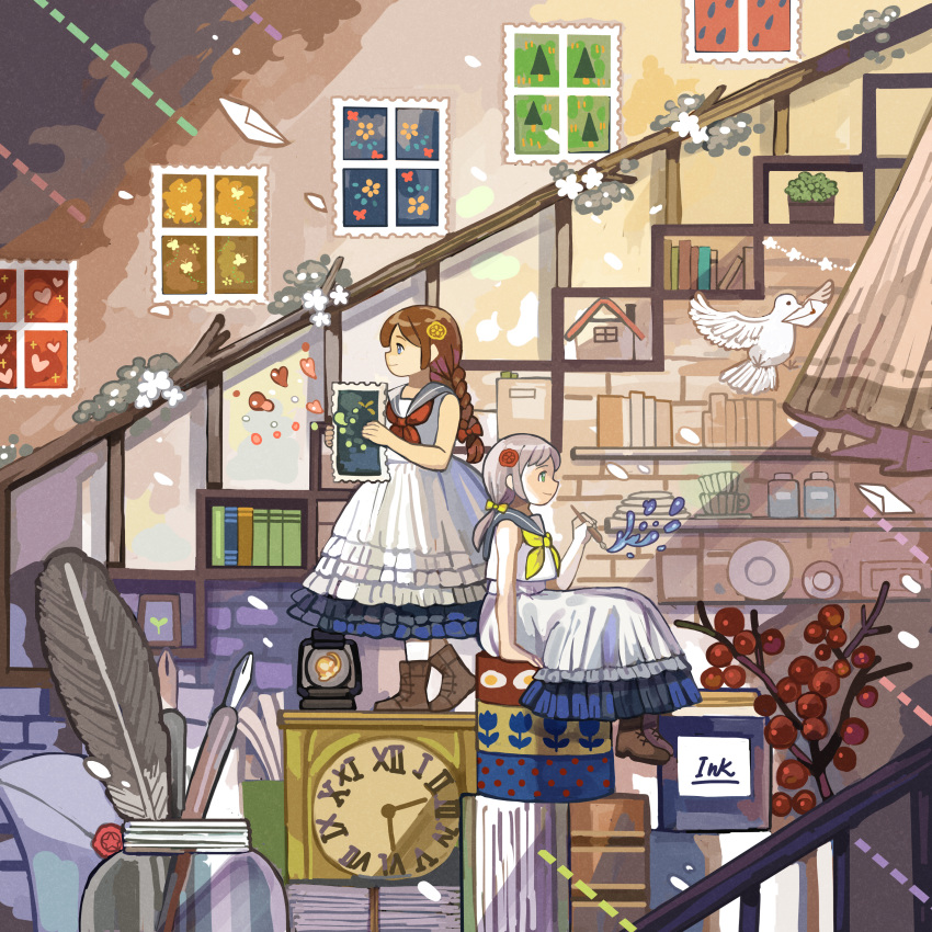 2girls absurdres analog_clock bird blue_eyes boots braid brown_footwear brown_hair clock closed_mouth envelope green_eyes grey_hair highres indoors long_hair looking_away medium_hair mituhati multiple_girls original single_braid sitting smile stairs standing