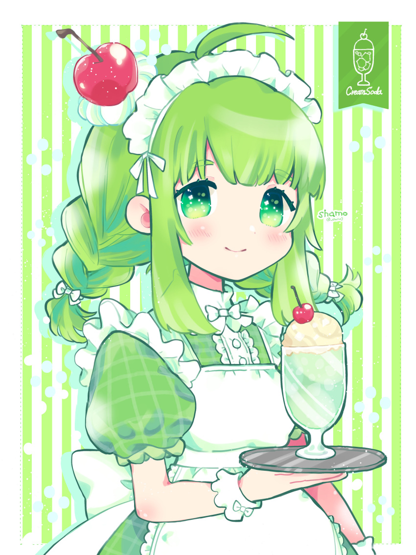 1girl absurdres ahoge apron back_bow bangs blush bow braid center_frills cherry cherry_hair_ornament collared_dress commentary cup dress drink food food-themed_hair_ornament frilled_apron frills fruit green_eyes green_hair hair_ornament highres holding holding_tray ice_cream ice_cream_float long_hair maid maid_headdress melon_soda original puffy_short_sleeves puffy_sleeves shamo3 short_sleeves smile solo striped striped_background symbol-only_commentary thick_eyebrows tray twin_braids waitress wrist_cuffs