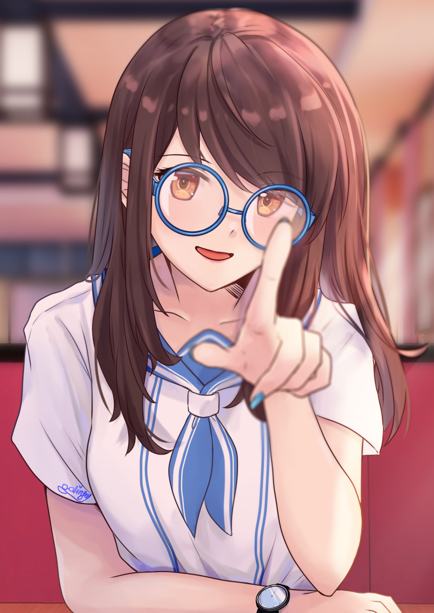 1girl absurdres arm_rest bangs blue-framed_eyewear blue_nails blue_neckerchief blue_sailor_collar blurry blurry_background booth_seating brown_eyes brown_hair collarbone dating depth_of_field english_commentary fingernails foreshortening glasses highres index_finger_raised indoors linfey long_hair looking_at_viewer nail_polish neckerchief original pointing pointing_at_viewer round_eyewear sailor_collar school_uniform serafuku short_sleeves signature upper_body watch watch white_serafuku