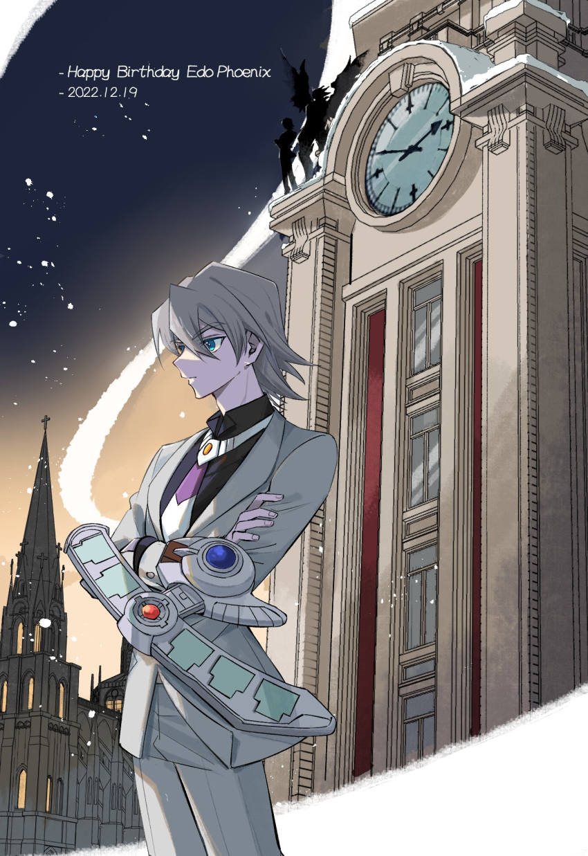 1boy bangs blue_eyes cityscape clock clock_tower clock_tower_prison crossed_arms destiny_hero_-_plasma duel_disk edo_phoenix expressionless feet_out_of_frame formal grey_hair hair_between_eyes happy_birthday highres male_focus night night_sky sayo_(sayo4171999) short_hair sky solo_focus standing suit tower white_suit yu-gi-oh! yu-gi-oh!_gx