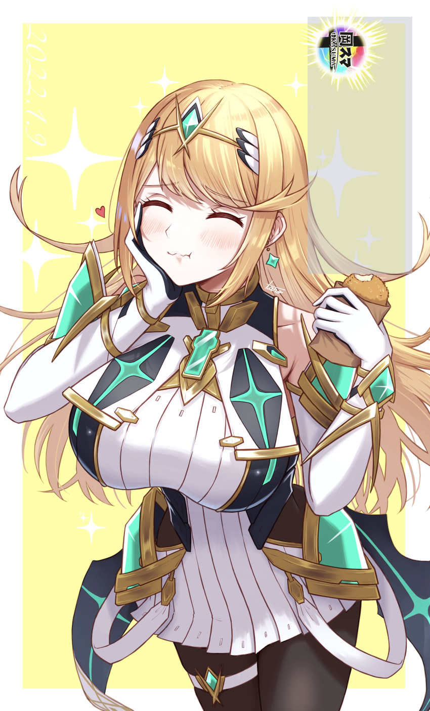 absurdres arm_armor bangs bare_shoulders black_pantyhose blonde_hair breasts chest_jewel closed_eyes dangle_earrings dress earrings eating elbow_gloves gloves highres jewelry large_breasts long_hair microskirt mythra_(massive_melee)_(xenoblade) mythra_(xenoblade) neon_trim pantyhose pleated_dress pleated_skirt short_dress skirt sleeveless sleeveless_dress swept_bangs taro_(peach_taro51) thigh_strap tiara very_long_hair white_dress white_skirt wide_hips xenoblade_chronicles_(series) xenoblade_chronicles_2